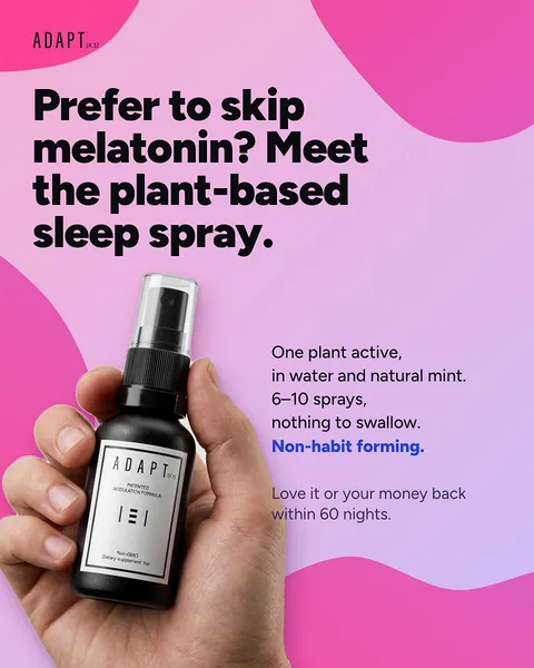 Adapt X.1 ad, Advertorial in hand layout, 4:5: a hand holding the bottle on pink, headline "Prefer to skip melatonin? Meet the plant-based sleep spray."