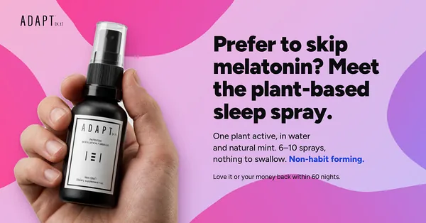 Adapt X.1 ad, Advertorial in hand layout, 1.91:1: a hand holding the bottle on pink, headline "Prefer to skip melatonin? Meet the plant-based sleep spray."