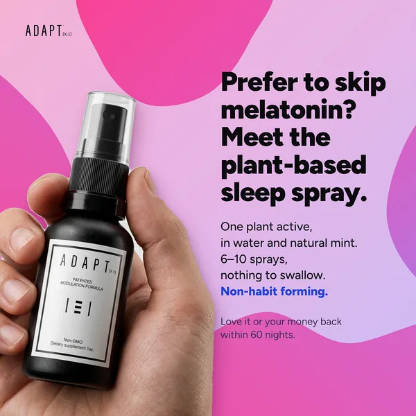 Adapt X.1 ad, Advertorial in hand layout, 1:1: a hand holding the bottle on pink, headline "Prefer to skip melatonin? Meet the plant-based sleep spray."