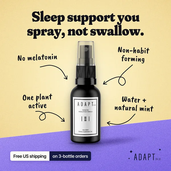Adapt X.1 ad, Arrow callouts layout, 1:1: hand-drawn arrows pointing to the bottle on yellow and violet