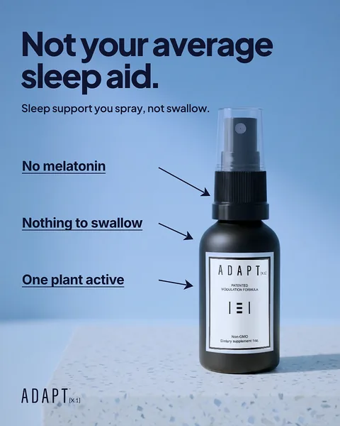 Adapt X.1 ad, Arrow photo layout, 4:5: arrows to the bottle on a stone plinth under a blue sky, headline "Not your average sleep aid."