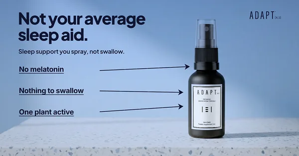 Adapt X.1 ad, Arrow photo layout, 1.91:1: arrows to the bottle on a stone plinth under a blue sky, headline "Not your average sleep aid."