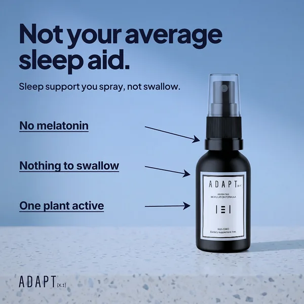 Adapt X.1 ad, Arrow photo layout, 1:1: arrows to the bottle on a stone plinth under a blue sky, headline "Not your average sleep aid."