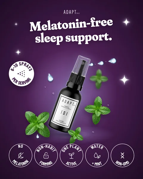 Adapt X.1 ad, Badge row layout, 4:5: the bottle among mint leaves on purple with a row of round badges