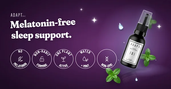 Adapt X.1 ad, Badge row layout, 1.91:1: the bottle among mint leaves on purple with a row of round badges