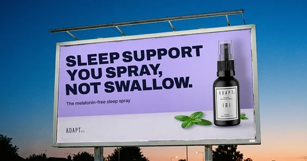 Adapt X.1 ad, Billboard layout, 1.91:1: a roadside billboard at dusk reading "Sleep support you spray, not swallow."