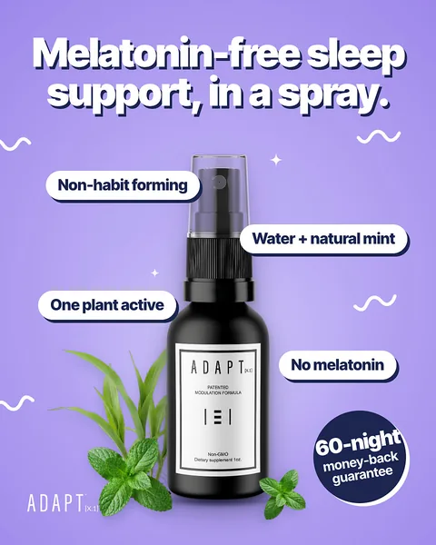 Adapt X.1 ad, Bold callouts layout, 4:5: callout pills around the bottle on violet