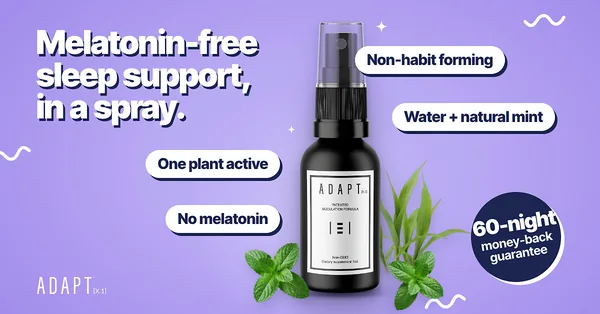 Adapt X.1 ad, Bold callouts layout, 1.91:1: callout pills around the bottle on violet