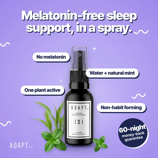 Adapt X.1 ad, Bold callouts layout, 1:1: callout pills around the bottle on violet