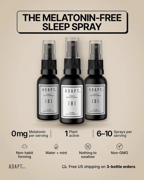 Adapt X.1 ad, Boxed stat bar layout, 4:5: three bottles above a stat bar: 0 mg melatonin, 1 plant active, 6-10 sprays