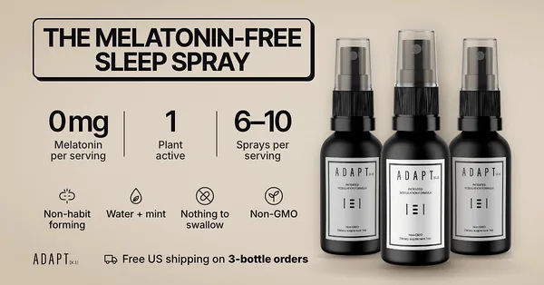 Adapt X.1 ad, Boxed stat bar layout, 1.91:1: three bottles above a stat bar: 0 mg melatonin, 1 plant active, 6-10 sprays