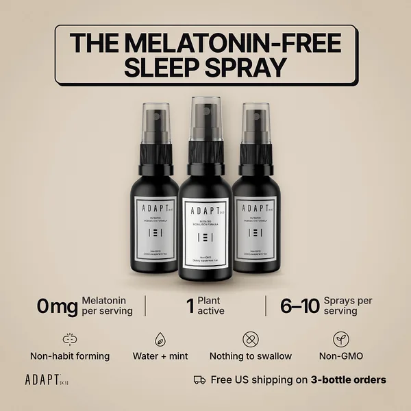 Adapt X.1 ad, Boxed stat bar layout, 1:1: three bottles above a stat bar: 0 mg melatonin, 1 plant active, 6-10 sprays
