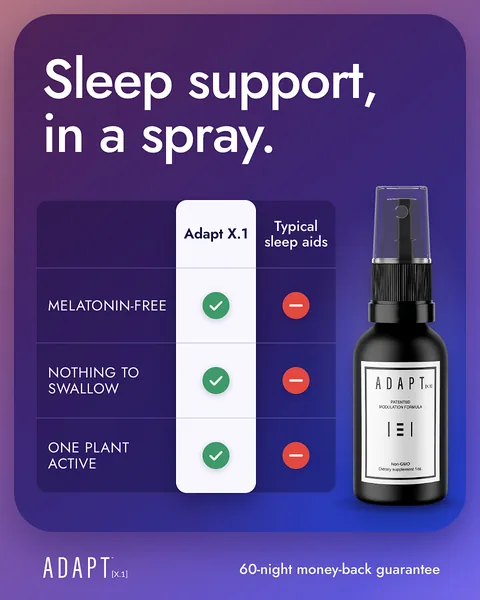 Adapt X.1 ad, Check table layout, 4:5: a comparison table against typical sleep aids beside the bottle on purple