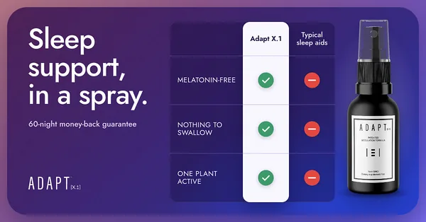 Adapt X.1 ad, Check table layout, 1.91:1: a comparison table against typical sleep aids beside the bottle on purple