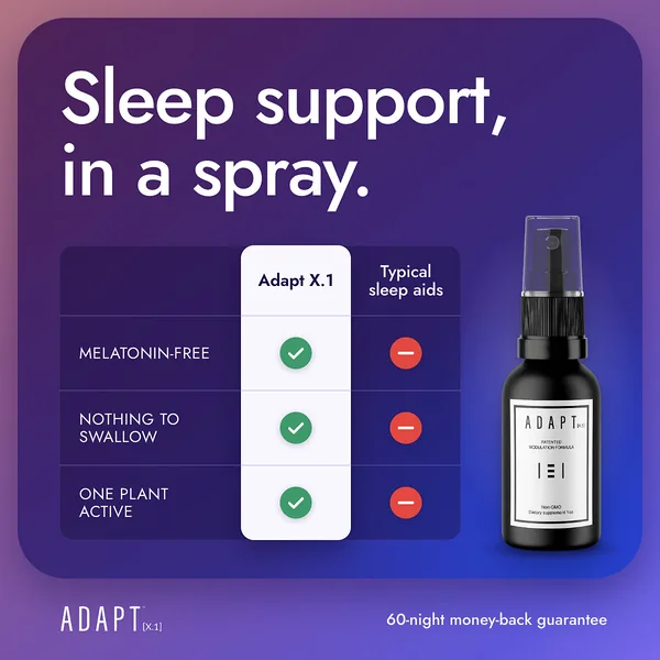 Adapt X.1 ad, Check table layout, 1:1: a comparison table against typical sleep aids beside the bottle on purple