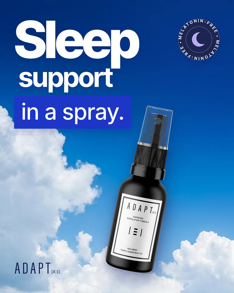 Adapt X.1 ad, Clouds layout, 4:5: the bottle among clouds on a blue sky, headline "Sleep support in a spray."