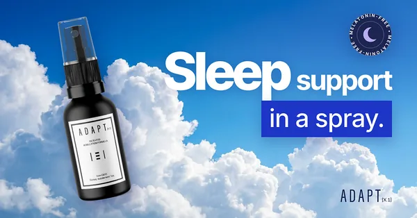 Adapt X.1 ad, Clouds layout, 1.91:1: the bottle among clouds on a blue sky, headline "Sleep support in a spray."