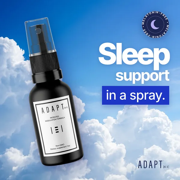 Adapt X.1 ad, Clouds layout, 1:1: the bottle among clouds on a blue sky, headline "Sleep support in a spray."