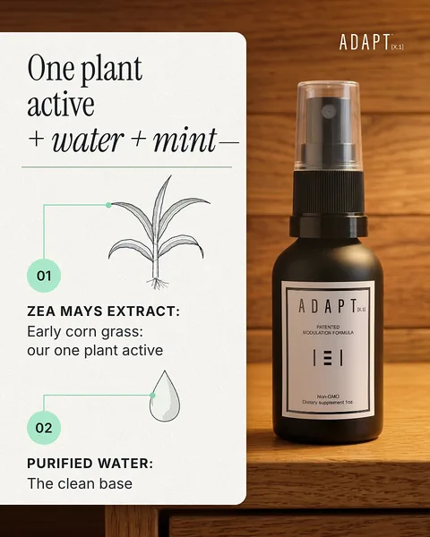 Adapt X.1 ad, Ingredient card layout, 4:5: a Zea mays ingredient card beside the bottle on a wooden table
