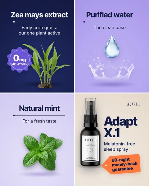 Adapt X.1 ad, Four panel layout, 4:5: four panels: Zea mays extract, purified water, natural mint and the bottle