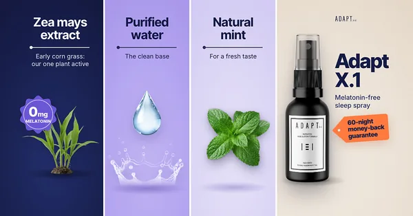 Adapt X.1 ad, Four panel layout, 1.91:1: four panels: Zea mays extract, purified water, natural mint and the bottle