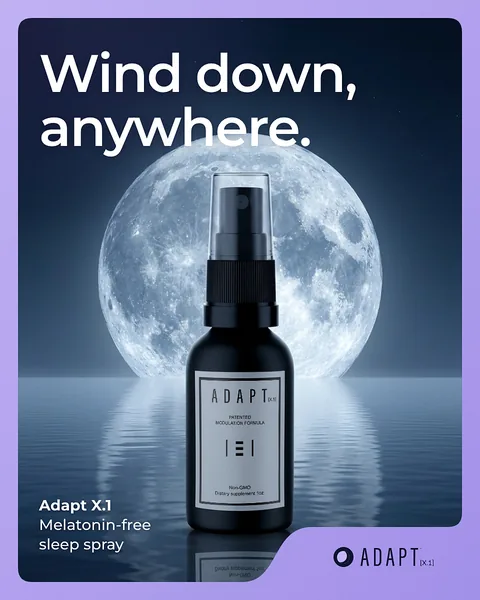Adapt X.1 ad, Frame poster layout, 4:5: the bottle in front of a full moon over still water, headline "Wind down, anywhere."