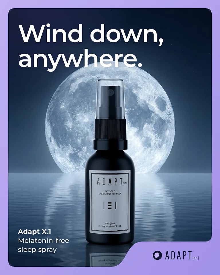 Adapt X.1 ad, Frame poster layout, 4:5: the bottle in front of a full moon over still water, headline "Wind down, anywhere."