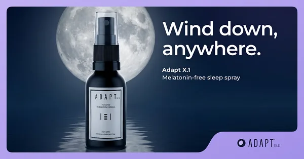 Adapt X.1 ad, Frame poster layout, 1.91:1: the bottle in front of a full moon over still water, headline "Wind down, anywhere."