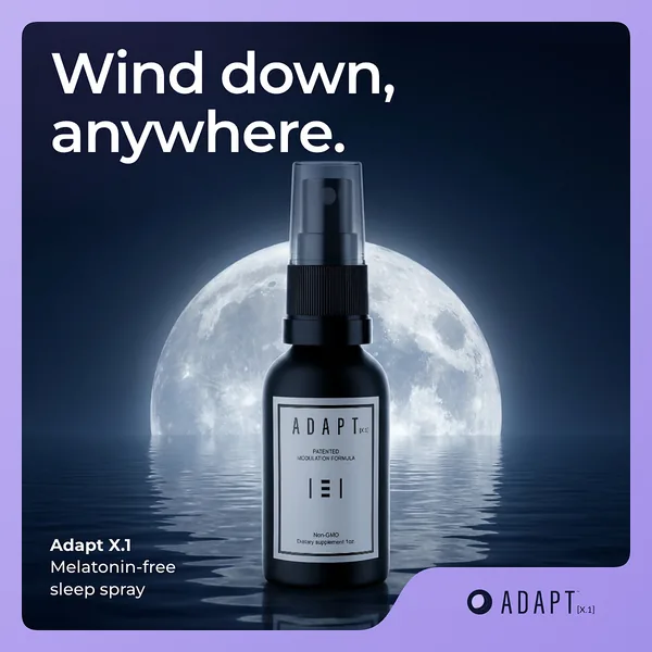 Adapt X.1 ad, Frame poster layout, 1:1: the bottle in front of a full moon over still water, headline "Wind down, anywhere."