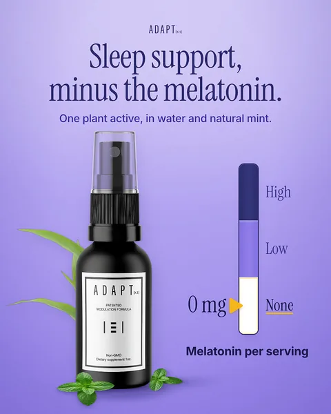Adapt X.1 ad, Melatonin gauge layout, 4:5: a melatonin gauge at 0 mg beside the bottle on lavender