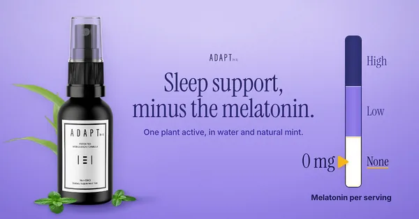 Adapt X.1 ad, Melatonin gauge layout, 1.91:1: a melatonin gauge at 0 mg beside the bottle on lavender