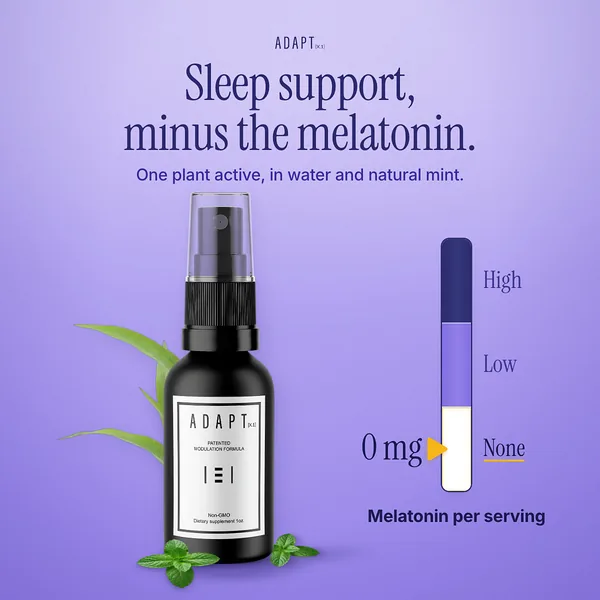 Adapt X.1 ad, Melatonin gauge layout, 1:1: a melatonin gauge at 0 mg beside the bottle on lavender