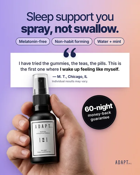 Adapt X.1 ad, Gradient quote layout, 4:5: a hand holding the bottle beside a customer quote on a peach gradient