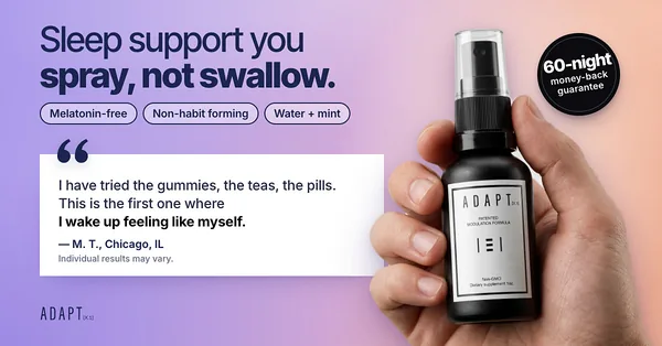 Adapt X.1 ad, Gradient quote layout, 1.91:1: a hand holding the bottle beside a customer quote on a peach gradient
