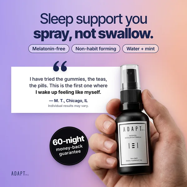 Adapt X.1 ad, Gradient quote layout, 1:1: a hand holding the bottle beside a customer quote on a peach gradient