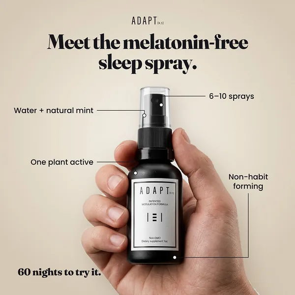 Adapt X.1 ad, Hand callouts layout, 1:1: a hand holding the bottle with thin callout lines