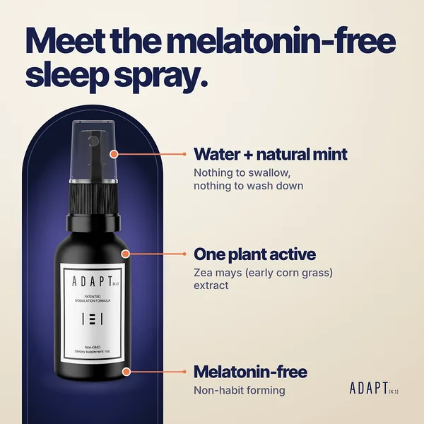 Adapt X.1 ad, Meet callouts layout, 1:1: the bottle in a navy arch with three callouts
