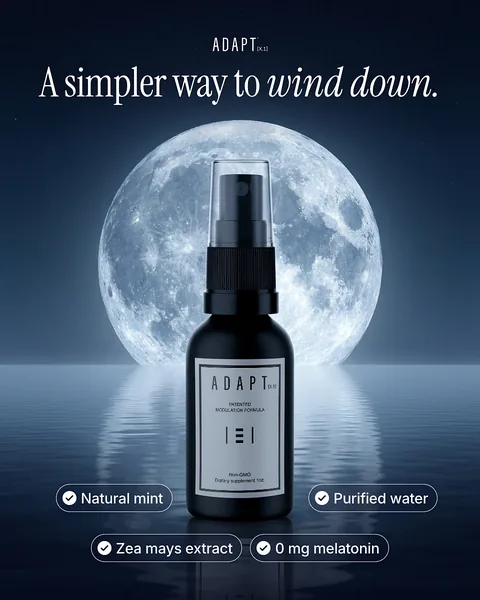 Adapt X.1 ad, Moonlit chips layout, 4:5: the bottle in front of a full moon with ingredient chips, headline "A simpler way to wind down."