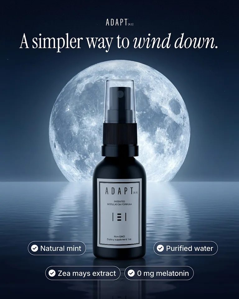 Adapt X.1 ad, Moonlit chips layout, 4:5: the bottle in front of a full moon with ingredient chips, headline "A simpler way to wind down."