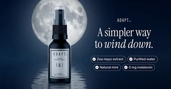 Adapt X.1 ad, Moonlit chips layout, 1.91:1: the bottle in front of a full moon with ingredient chips, headline "A simpler way to wind down."