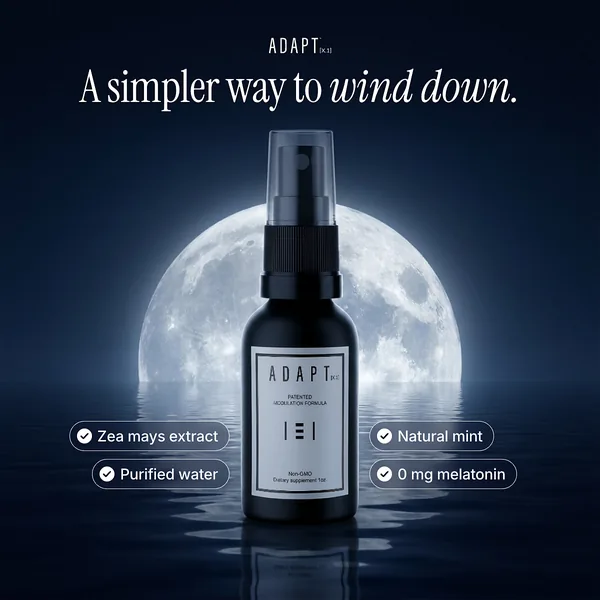 Adapt X.1 ad, Moonlit chips layout, 1:1: the bottle in front of a full moon with ingredient chips, headline "A simpler way to wind down."