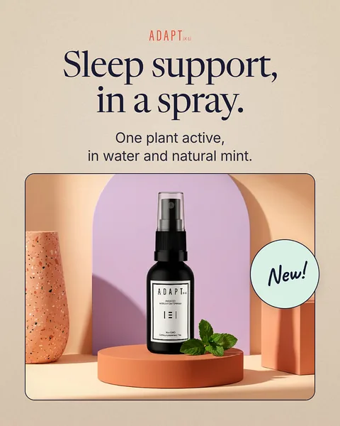 Adapt X.1 ad, New card layout, 4:5: the bottle in a pastel arch with a New! sticker