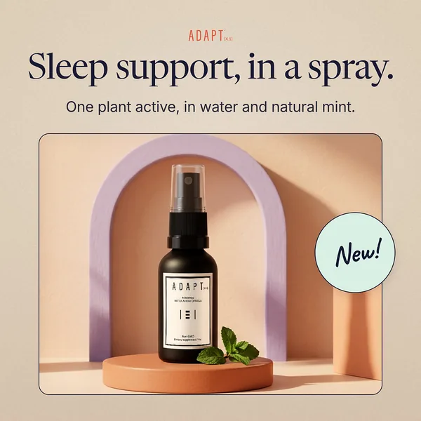Adapt X.1 ad, New card layout, 1:1: the bottle in a pastel arch with a New! sticker