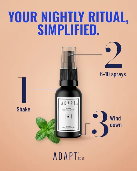 Adapt X.1 ad, Three steps layout, 4:5: three numbered steps around the bottle on peach: shake, 6-10 sprays, wind down