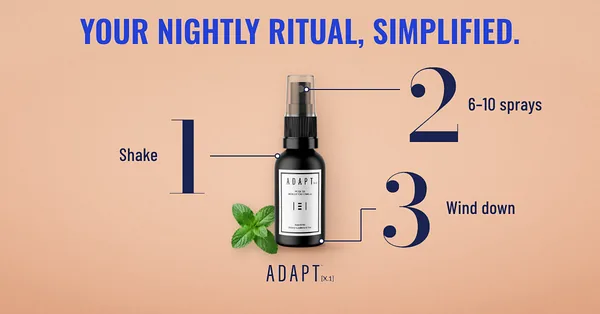 Adapt X.1 ad, Three steps layout, 1.91:1: three numbered steps around the bottle on peach: shake, 6-10 sprays, wind down