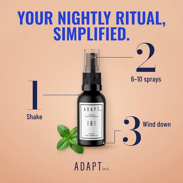 Adapt X.1 ad, Three steps layout, 1:1: three numbered steps around the bottle on peach: shake, 6-10 sprays, wind down