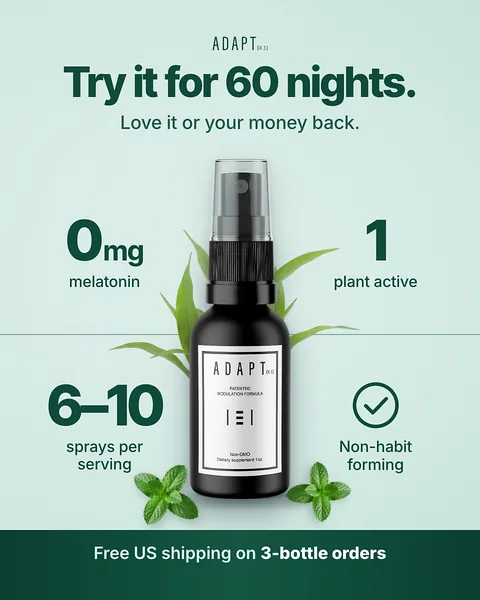 Adapt X.1 ad, Offer grid layout, 4:5: a grid of product facts around the bottle on mint, headline "Try it for 60 nights."