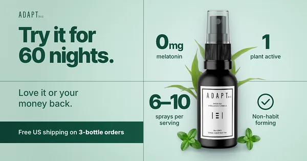 Adapt X.1 ad, Offer grid layout, 1.91:1: a grid of product facts around the bottle on mint, headline "Try it for 60 nights."