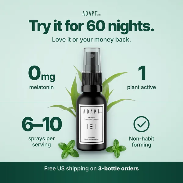 Adapt X.1 ad, Offer grid layout, 1:1: a grid of product facts around the bottle on mint, headline "Try it for 60 nights."