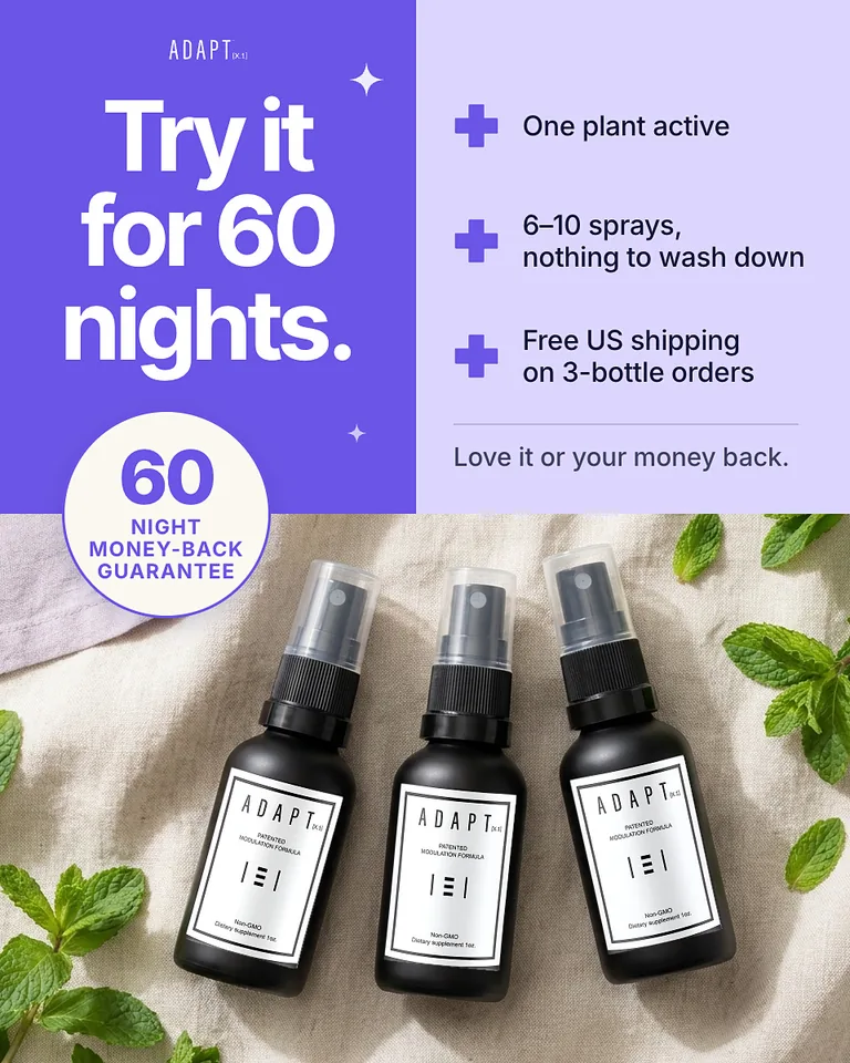 Adapt X.1 ad, Offer panel layout, 4:5: three bottles on linen beside a violet offer panel